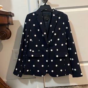 Navy and white polka dot blazer. Shoulder pads.